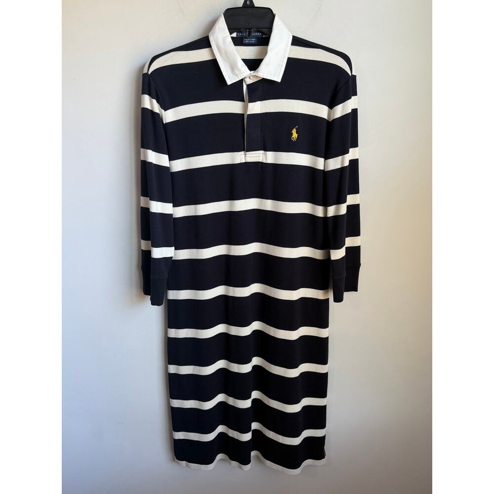 Ralph Lauren Cotton Striped 3/4 Sleeve Collared Midi Polo Dress Black White L - Picture 2 of 8
